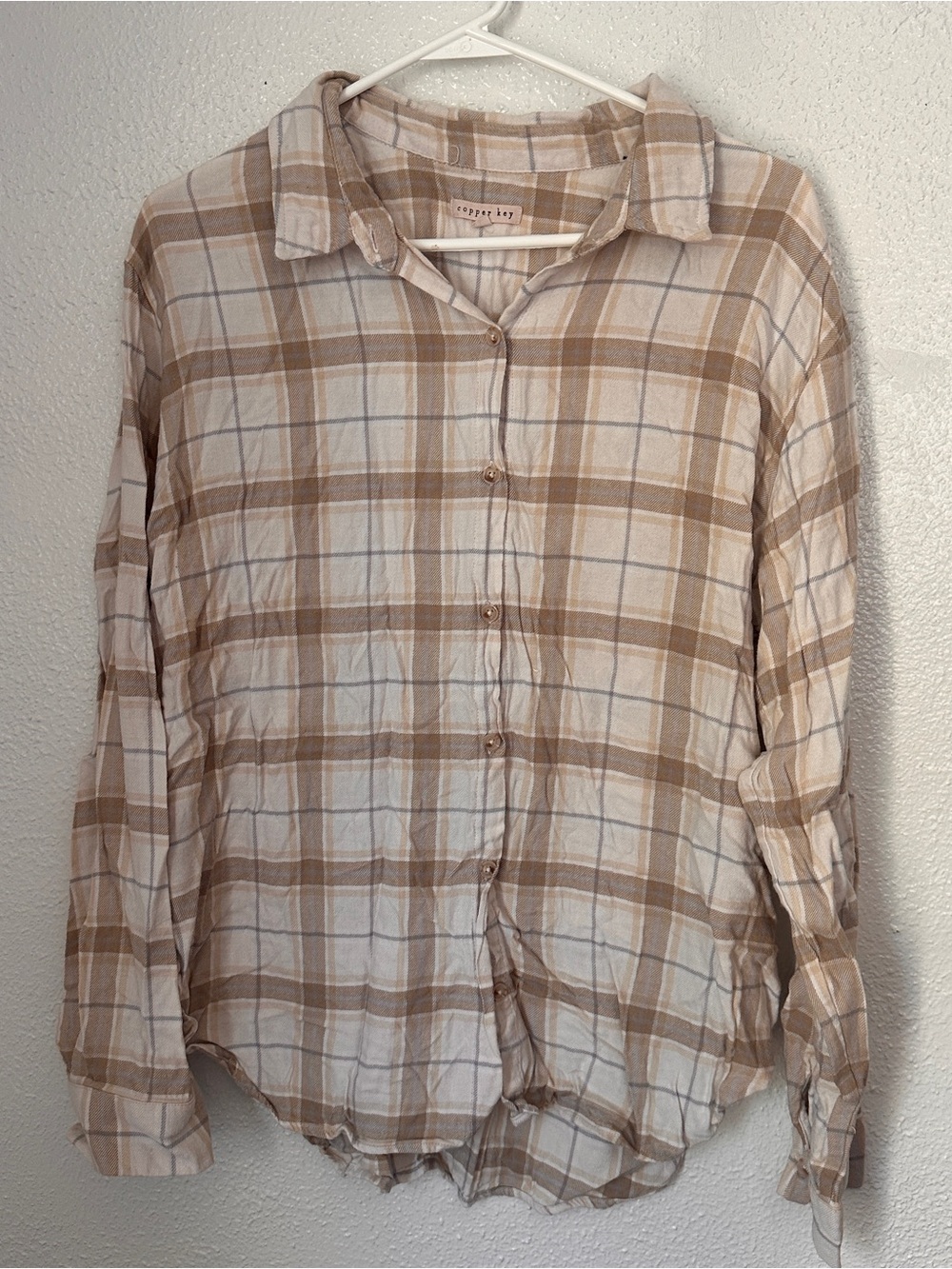 Copper Key Women’s XL Neutral Flannel White Tan Cream Basic Plaid Long Sleeve